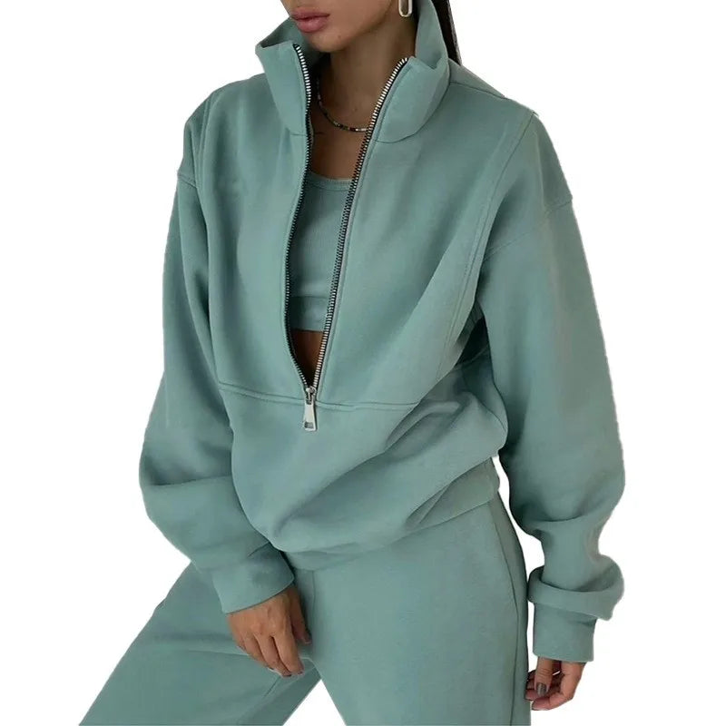 Casual Zipper Set Full Length European and American Style Women Winter Set with Hoodie Top Long Sleeve Regular Sleeve Long Pants
