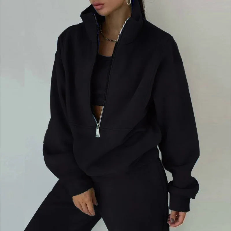 Casual Zipper Set Full Length European and American Style Women Winter Set with Hoodie Top Long Sleeve Regular Sleeve Long Pants