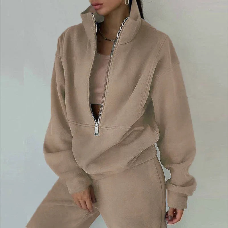 Casual Zipper Set Full Length European and American Style Women Winter Set with Hoodie Top Long Sleeve Regular Sleeve Long Pants