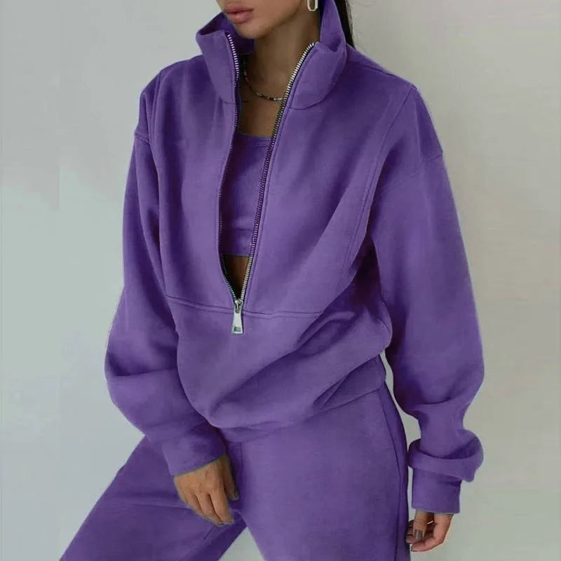 Casual Zipper Set Full Length European and American Style Women Winter Set with Hoodie Top Long Sleeve Regular Sleeve Long Pants