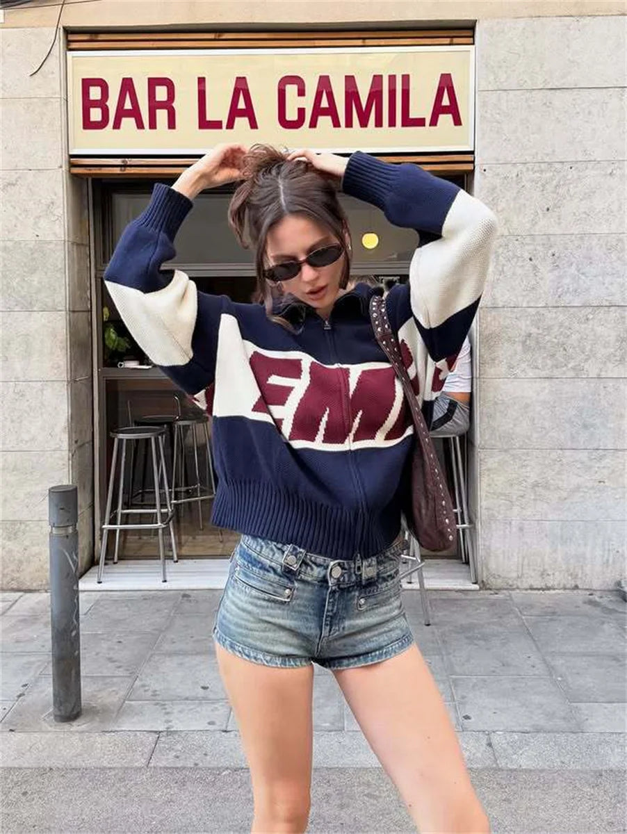 Retro Spliced Zipper Knitted Sweater Women Fashion Stand Collar Long Sleeve Loose Short Cardigan Lady Y2k Letter Knitwear - ATFH