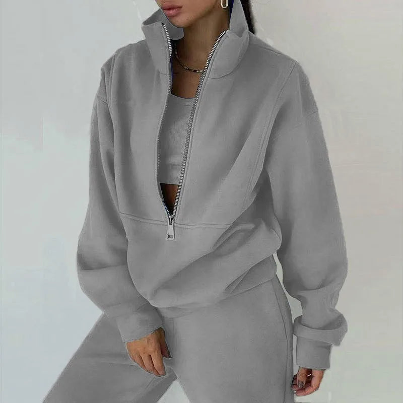 Casual Zipper Set Full Length European and American Style Women Winter Set with Hoodie Top Long Sleeve Regular Sleeve Long Pants