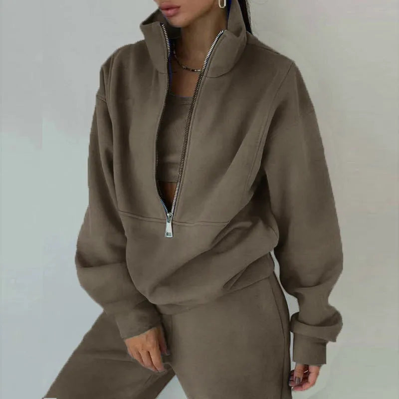 Casual Zipper Set Full Length European and American Style Women Winter Set with Hoodie Top Long Sleeve Regular Sleeve Long Pants