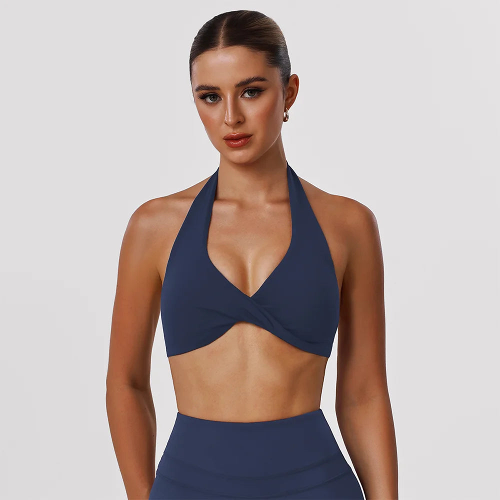 Women Fitness Gym Bra Twist Halter Backless Training Top Wear V-Neck Padded Solid Color Yoga Casual Sporty Bra - ATFH