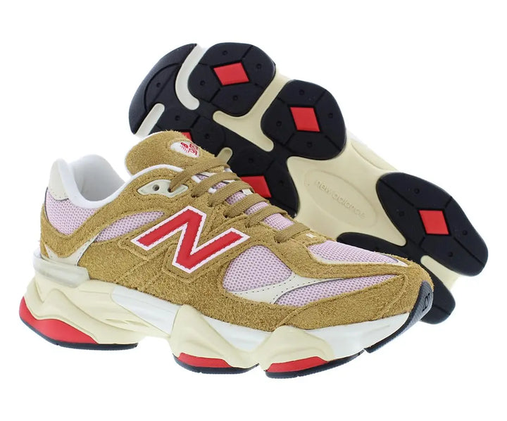 New Balance 9060 big kid sneakers; tan suede and pink mesh upper with red NB logo.