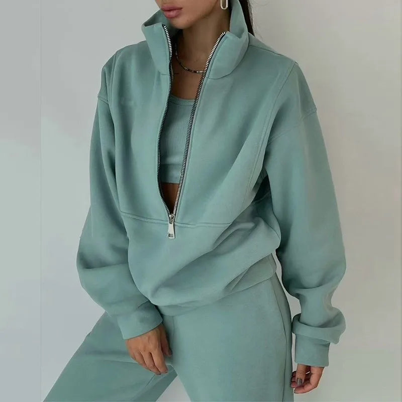 Casual Zipper Set Full Length European and American Style Women Winter Set with Hoodie Top Long Sleeve Regular Sleeve Long Pants
