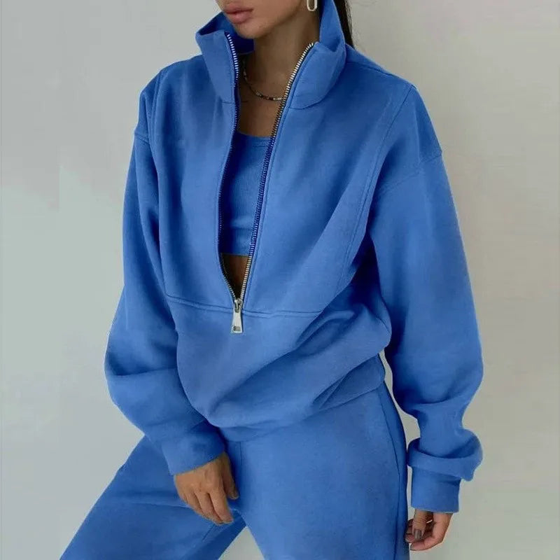 Casual Zipper Set Full Length European and American Style Women Winter Set with Hoodie Top Long Sleeve Regular Sleeve Long Pants