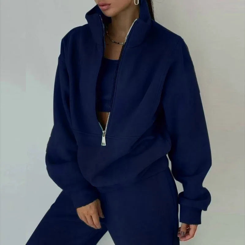 Casual Zipper Set Full Length European and American Style Women Winter Set with Hoodie Top Long Sleeve Regular Sleeve Long Pants