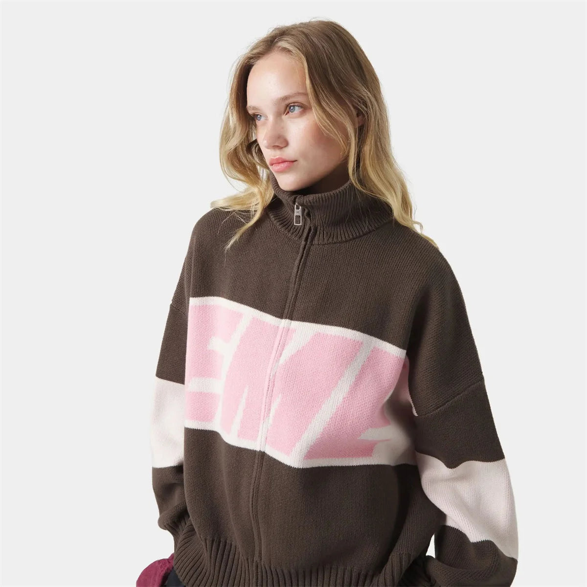 Retro Spliced Zipper Knitted Sweater Women Fashion Stand Collar Long Sleeve Loose Short Cardigan Lady Y2k Letter Knitwear - ATFH