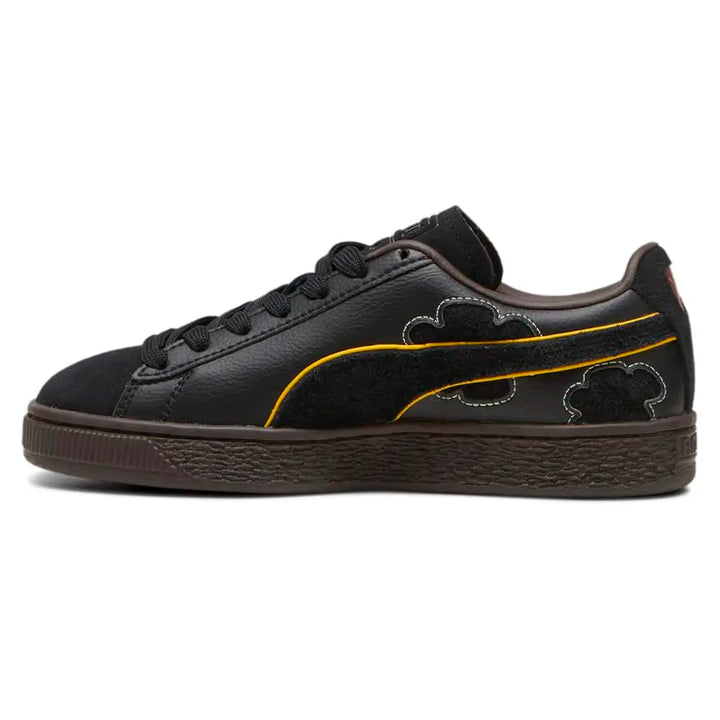 PUMA Kids Boys Suede 4 X One Piece Lace Up Sneakers, black with yellow piping and brown sole.