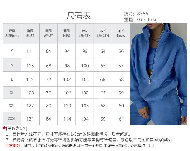 Casual Zipper Set Full Length European and American Style Women Winter Set with Hoodie Top Long Sleeve Regular Sleeve Long Pants