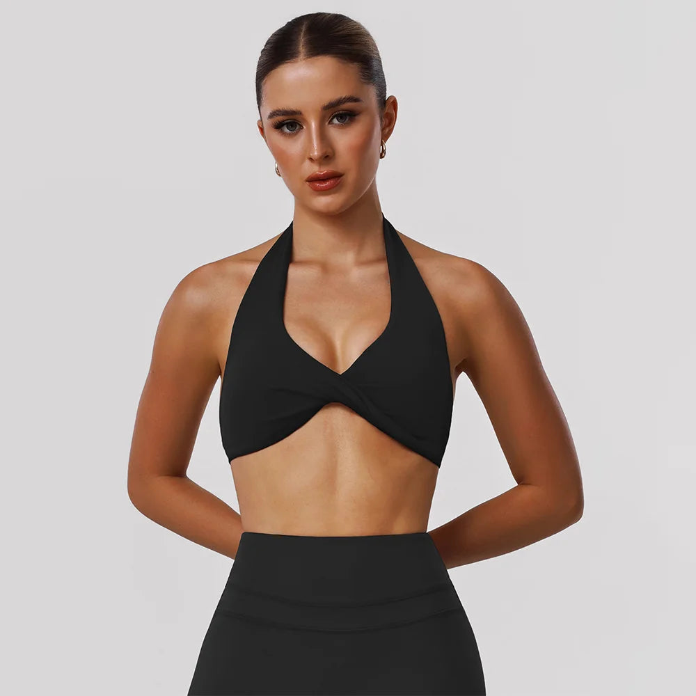 Women Fitness Gym Bra Twist Halter Backless Training Top Wear V-Neck Padded Solid Color Yoga Casual Sporty Bra - ATFH