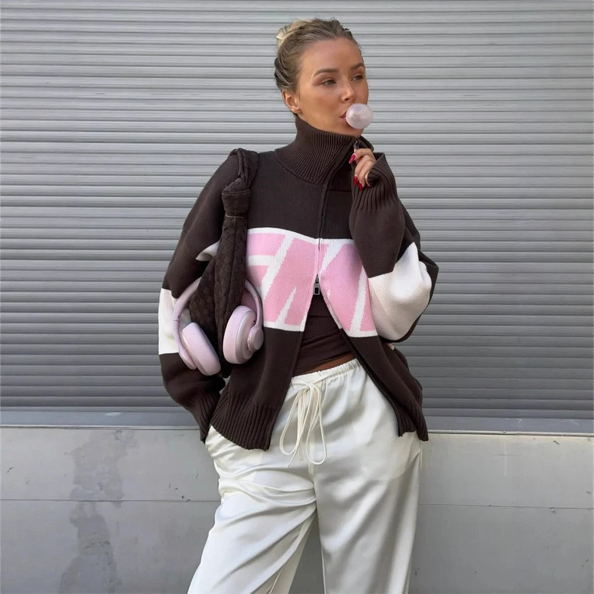 Retro Spliced Zipper Knitted Sweater Women Fashion Stand Collar Long Sleeve Loose Short Cardigan Lady Y2k Letter Knitwear - ATFH