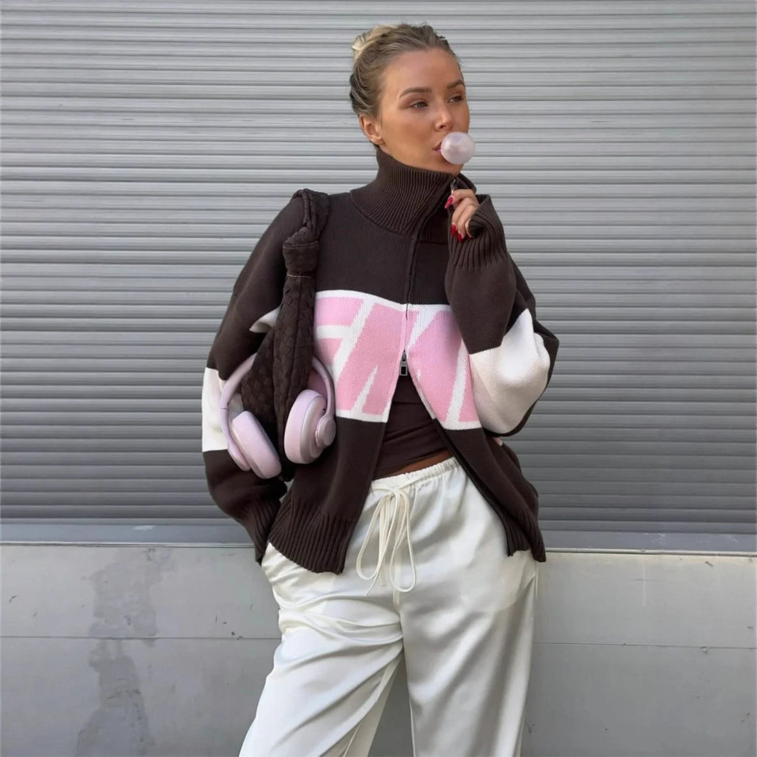 Retro Spliced Zipper Knitted Sweater Women Fashion Stand Collar Long Sleeve Loose Short Cardigan Lady Y2k Letter Knitwear - ATFH
