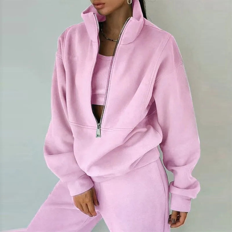 Casual Zipper Set Full Length European and American Style Women Winter Set with Hoodie Top Long Sleeve Regular Sleeve Long Pants