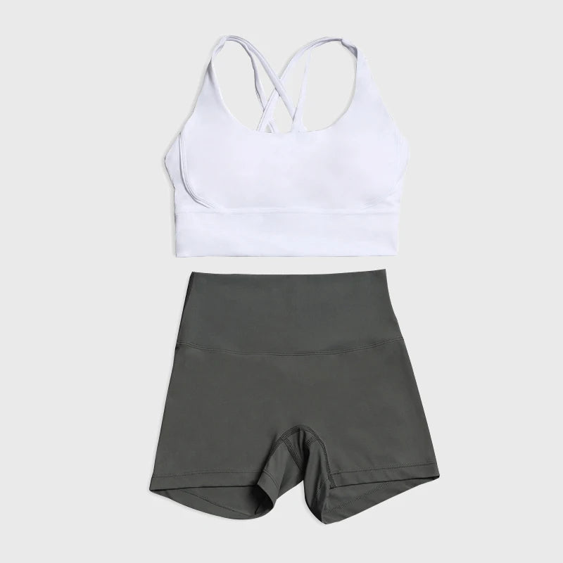 SOISOU Gym Womens Clothing Shorts Sets Yoga Women's Tracksuit Sexy Bra High Waist Short Sportwear Elastic Set Woman 2 Pieces - ATFH