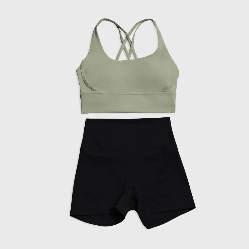 SOISOU Gym Womens Clothing Shorts Sets Yoga Women's Tracksuit Sexy Bra High Waist Short Sportwear Elastic Set Woman 2 Pieces - ATFH