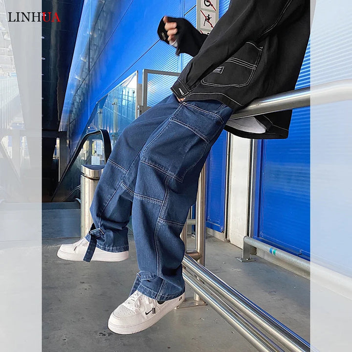 LINHUA Men Wide Leg Jeans Mens Spring cargo pants Hip Hop Streetwear New Loose Straight Baggy Denim Pants Male work jeans ATFH