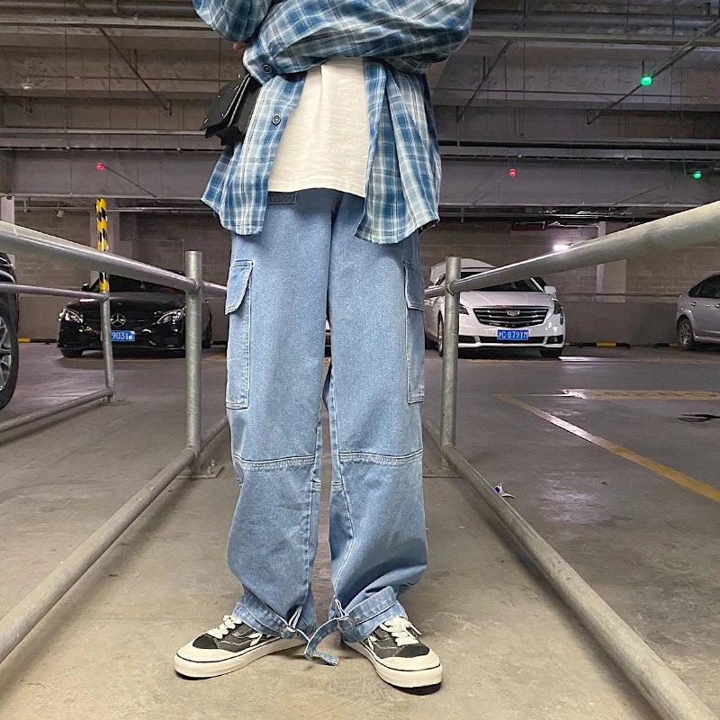 LINHUA Men Wide Leg Jeans Mens Spring cargo pants Hip Hop Streetwear New Loose Straight Baggy Denim Pants Male work jeans ATFH