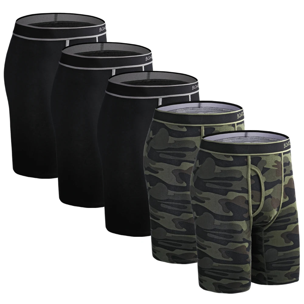 5Pcs Set Long Boxer Men Underwear Shorts Camouflage Print Men's Panties BONITOS Mens Underpants Fly Front Opening Boxer Briefs