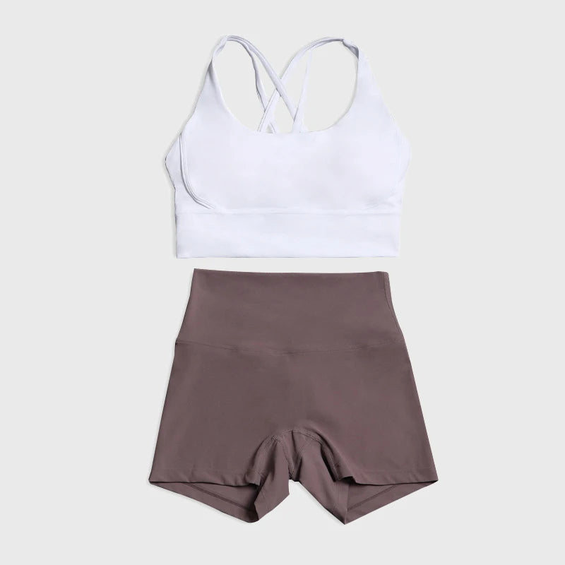 SOISOU Gym Womens Clothing Shorts Sets Yoga Women's Tracksuit Sexy Bra High Waist Short Sportwear Elastic Set Woman 2 Pieces - ATFH
