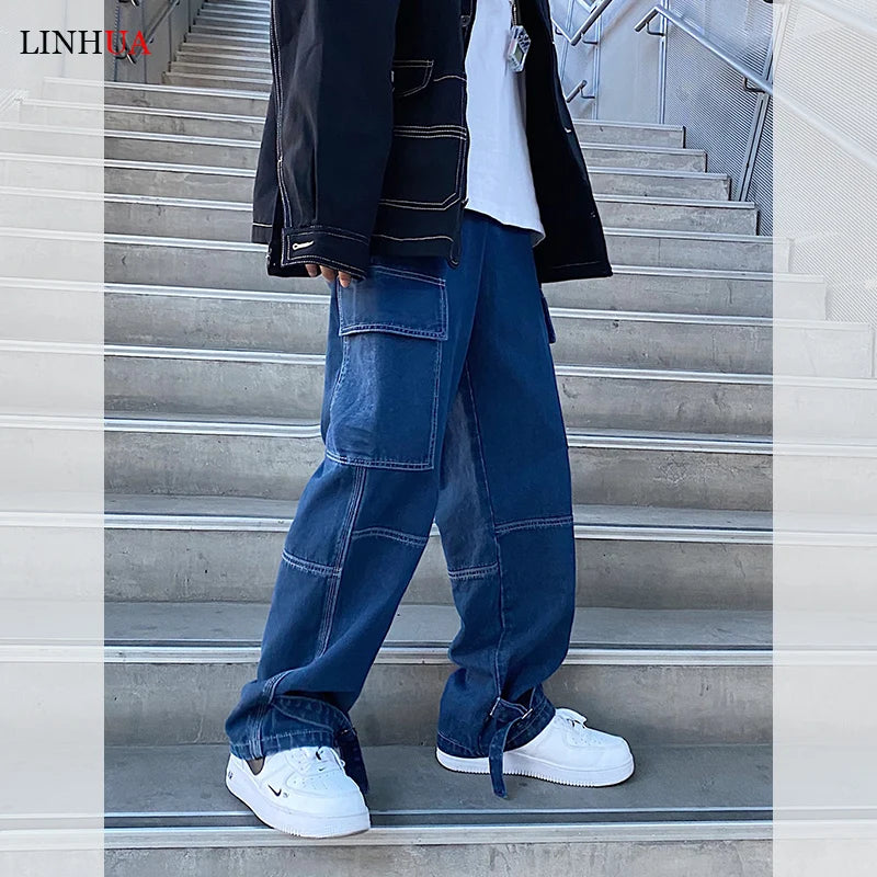 LINHUA Men Wide Leg Jeans Mens Spring cargo pants Hip Hop Streetwear New Loose Straight Baggy Denim Pants Male work jeans ATFH