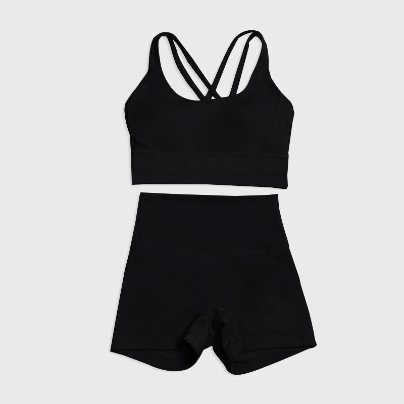 SOISOU Gym Womens Clothing Shorts Sets Yoga Women's Tracksuit Sexy Bra High Waist Short Sportwear Elastic Set Woman 2 Pieces - ATFH