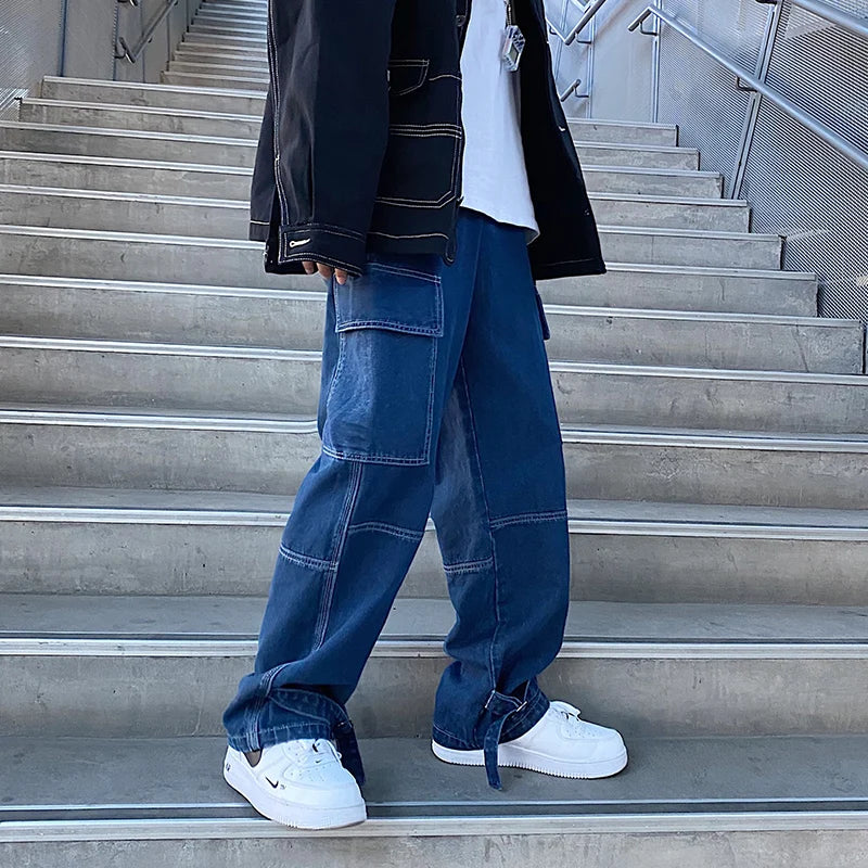 LINHUA Men Wide Leg Jeans Mens Spring cargo pants Hip Hop Streetwear New Loose Straight Baggy Denim Pants Male work jeans ATFH