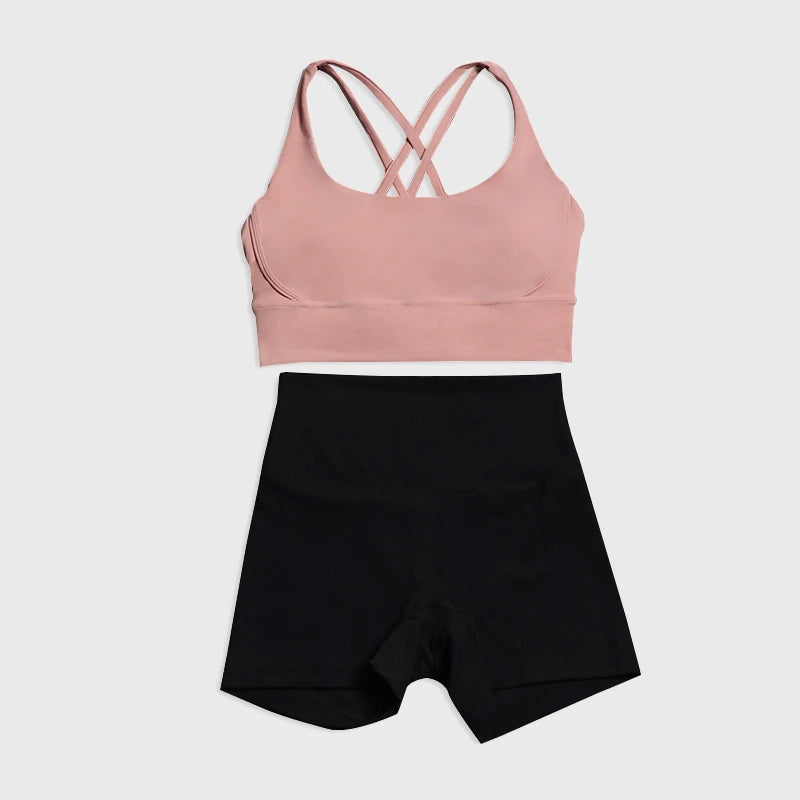 SOISOU Gym Womens Clothing Shorts Sets Yoga Women's Tracksuit Sexy Bra High Waist Short Sportwear Elastic Set Woman 2 Pieces - ATFH
