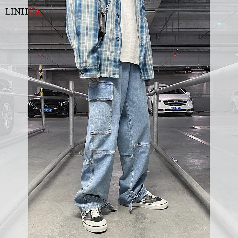 LINHUA Men Wide Leg Jeans Mens Spring cargo pants Hip Hop Streetwear New Loose Straight Baggy Denim Pants Male work jeans ATFH