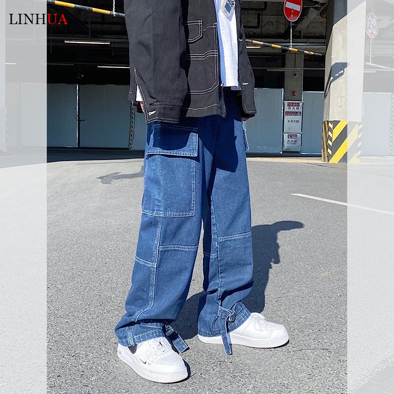 LINHUA Men Wide Leg Jeans Mens Spring cargo pants Hip Hop Streetwear New Loose Straight Baggy Denim Pants Male work jeans ATFH