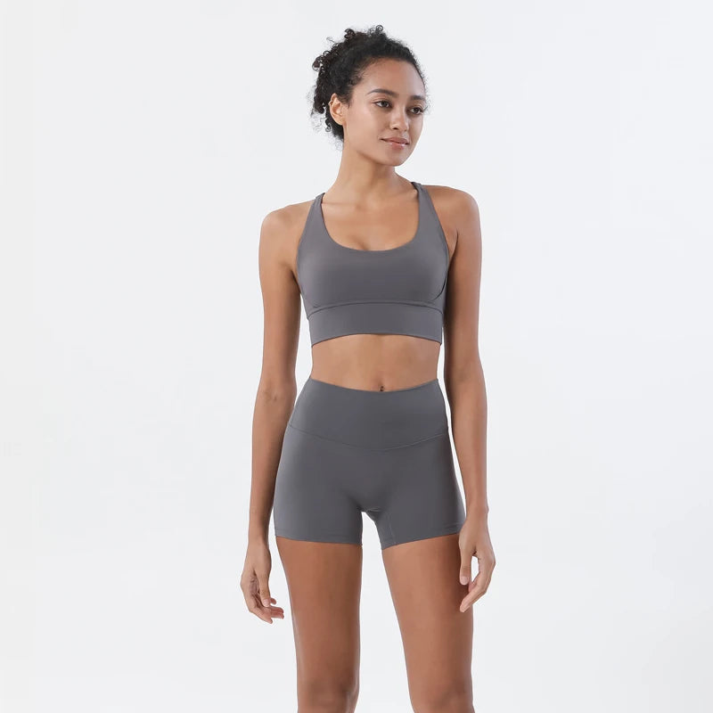 SOISOU Gym Womens Clothing Shorts Sets Yoga Women's Tracksuit Sexy Bra High Waist Short Sportwear Elastic Set Woman 2 Pieces - ATFH