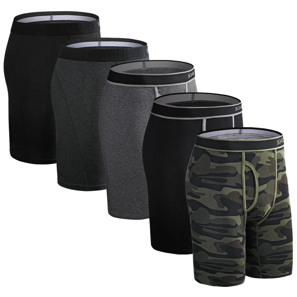 5Pcs Set Long Boxer Men Underwear Shorts Camouflage Print Men's Panties BONITOS Mens Underpants Fly Front Opening Boxer Briefs