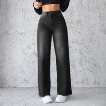 Wangsheng Women's Dark Denim Jeans Summer Simple Vintage Loose Fit Straight High Waist Button Casual Medium Wash Washable Solid