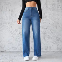Wangsheng Women's Dark Denim Jeans Summer Simple Vintage Loose Fit Straight High Waist Button Casual Medium Wash Washable Solid