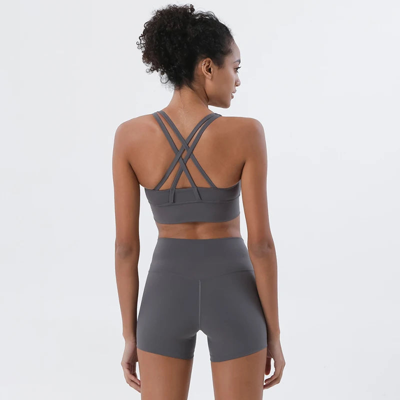 SOISOU Gym Womens Clothing Shorts Sets Yoga Women's Tracksuit Sexy Bra High Waist Short Sportwear Elastic Set Woman 2 Pieces - ATFH