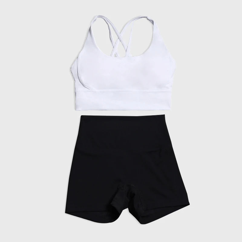 SOISOU Gym Womens Clothing Shorts Sets Yoga Women's Tracksuit Sexy Bra High Waist Short Sportwear Elastic Set Woman 2 Pieces - ATFH