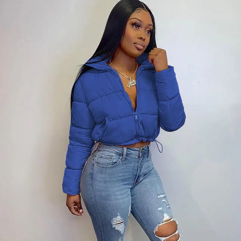 Zip-Up Cropped Puffer Quilted Coats Women Short Parkas Winter Women's Jacket Warm Thick Outwear Shirt Parkas Outfits Black Blue