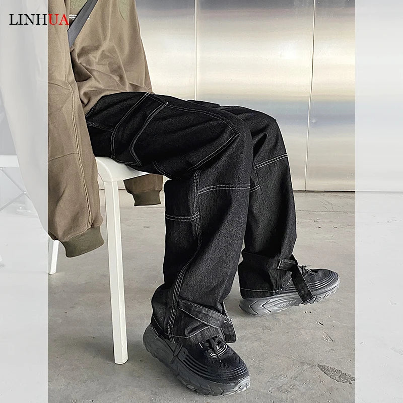 LINHUA Men Wide Leg Jeans Mens Spring cargo pants Hip Hop Streetwear New Loose Straight Baggy Denim Pants Male work jeans ATFH