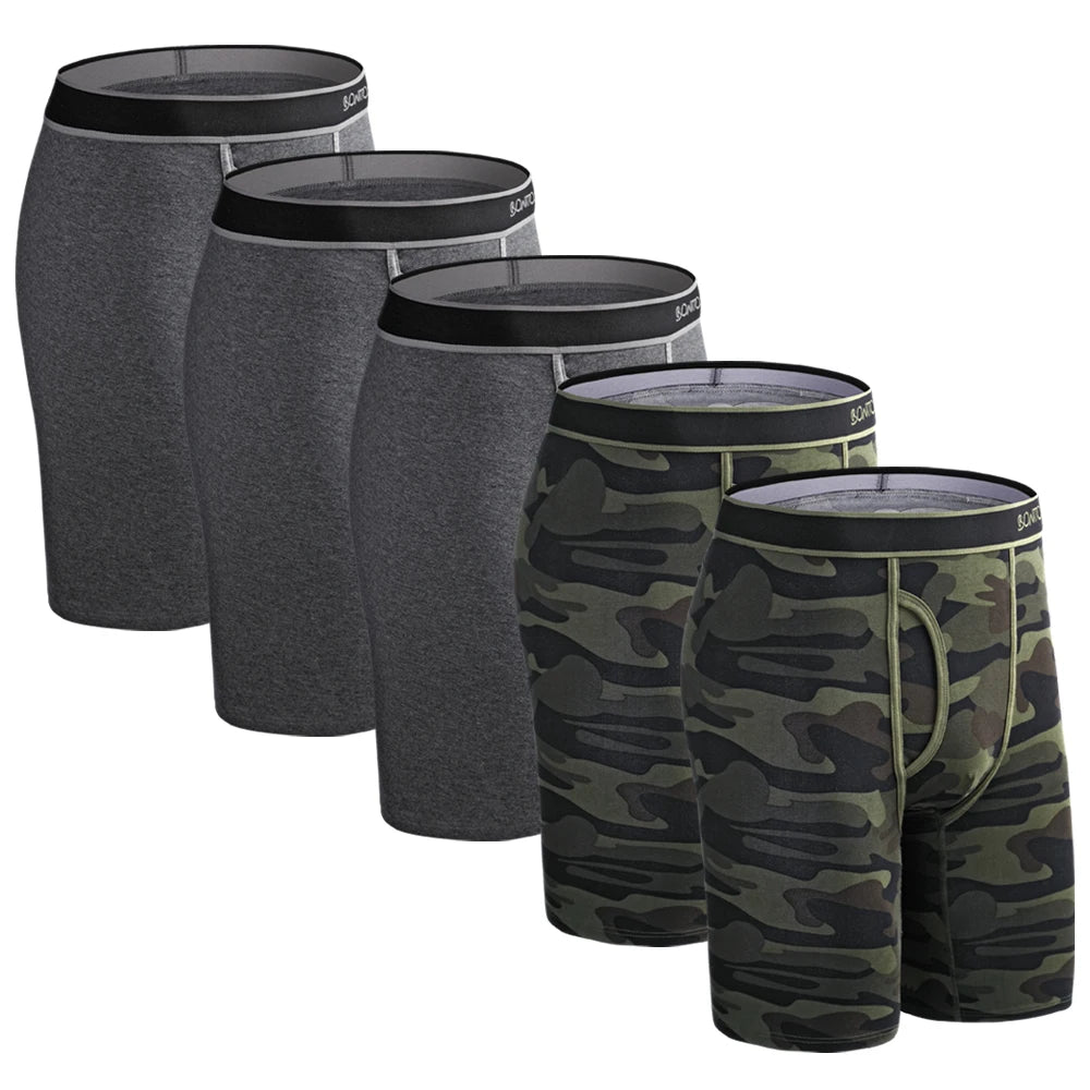 5Pcs Set Long Boxer Men Underwear Shorts Camouflage Print Men's Panties BONITOS Mens Underpants Fly Front Opening Boxer Briefs