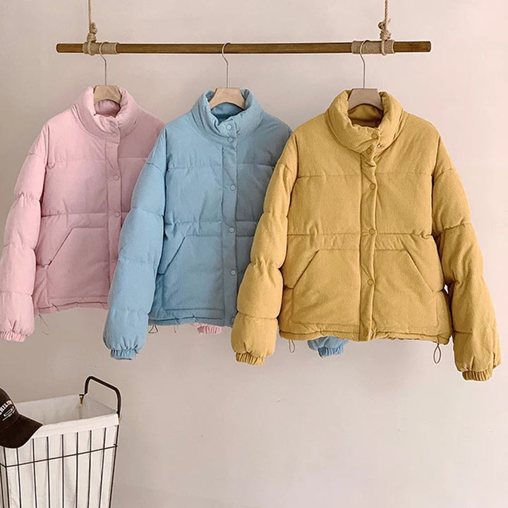 Aoaiiys Thicken Parkas Women Turtleneck Down Cotton Corduroy Jackets Simple Solid Single Breasted Outerwear Winter Clothes Woman