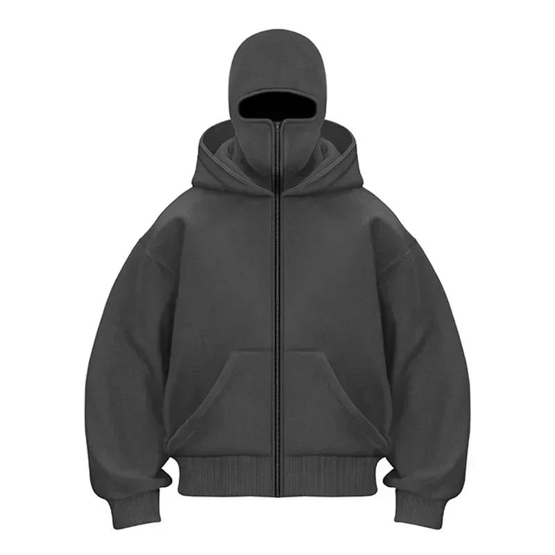 Balaclava Men Zip Hoodie Winter Warm Casual Sweatshirt Y2K with Hooded Face Mask Zipper Design Sports Jacket Outdoor Activities - ATFH
