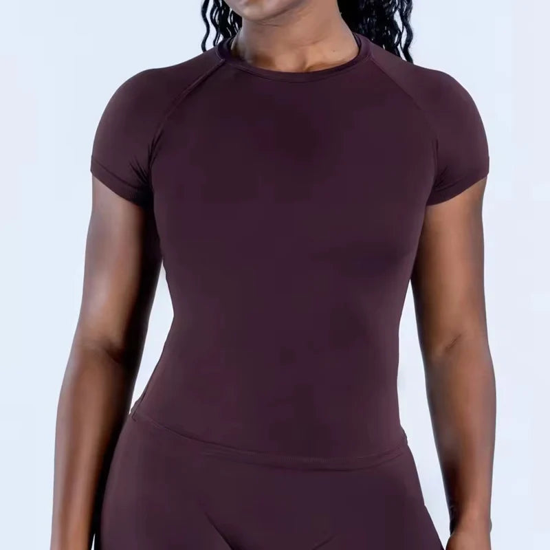 Short Sleeve Yoga Top Round Neck Seamless Gym Shirt for Woman High Stretch Fitted Sports Running T Shirts Workout Clothes - ATFH