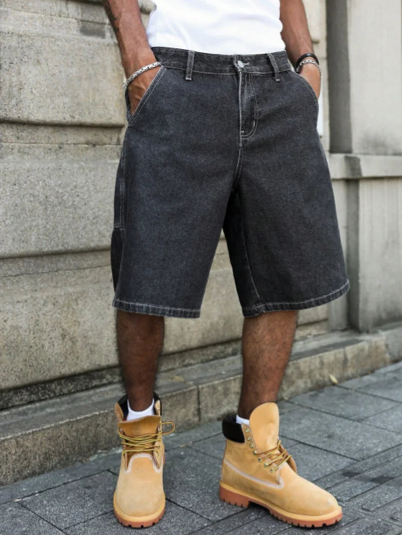 Men's Summer Black-Grey Loose Baggy Denim Shorts ATFH