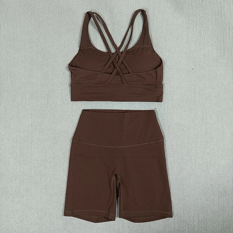 2 Pieces Yoga Set Gym Sports Shorts Set Women Cross Back Bra Top High Waist Shorts Fitness Suit Running Workout Tracksuit - ATFH