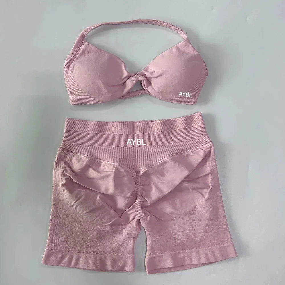 Trendy 2PCS Gym Set Women Strappy Yoga Bra Top High Waist Workout Scrunch Shorts Sports Suit Seamless Yoga Set Fitness Clothes Tahsi Fashion House