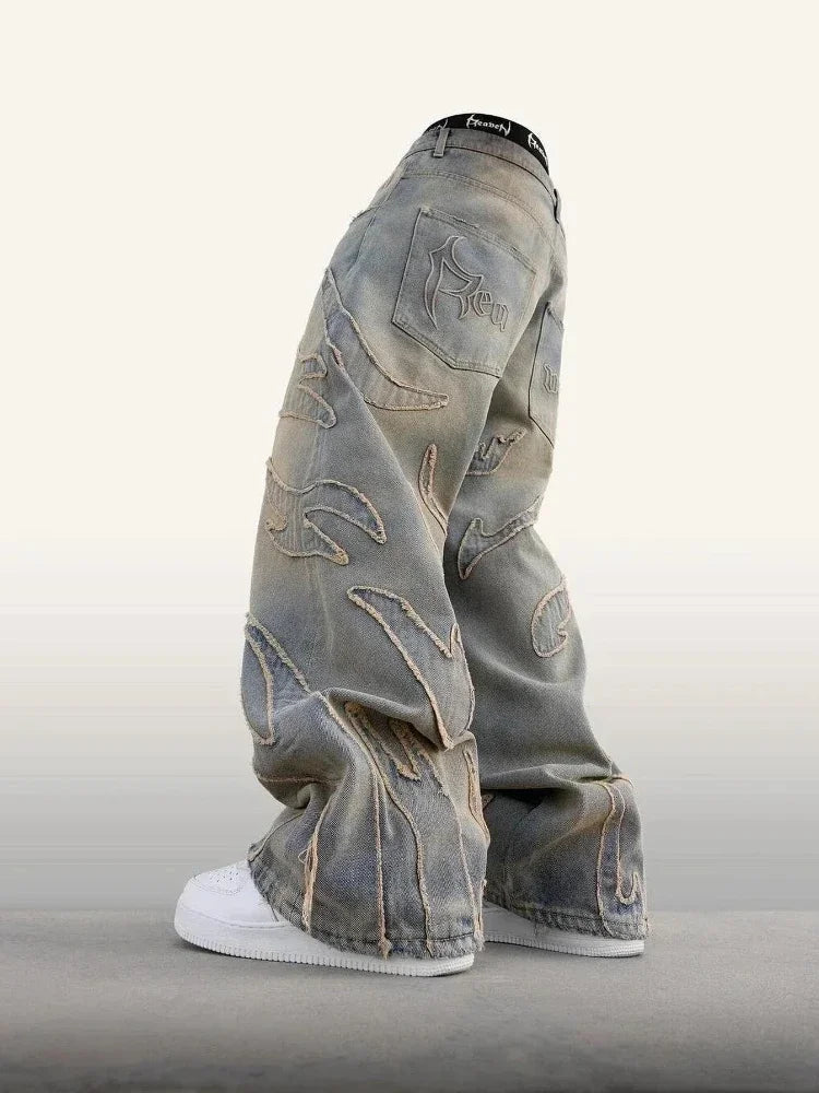 2024 American New Fashion Patch Baggy Casual Jeans For Men And Women Y2K High Street Harajuku High Waist Wide Leg Denim Trousers ATFH