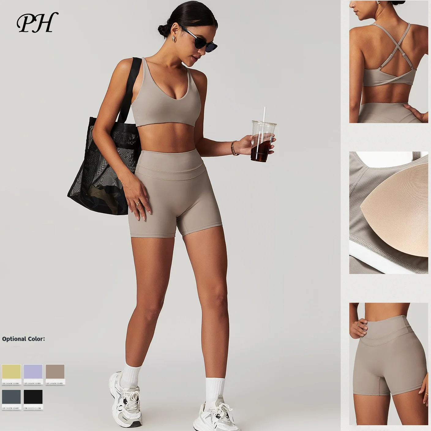 Summer Nude Gym Yoga Fitness Sportswear Women High Waist Elastic Running Shorts Bra Tops Set Indoor Quick Dry Workout Tracksuits - ATFH