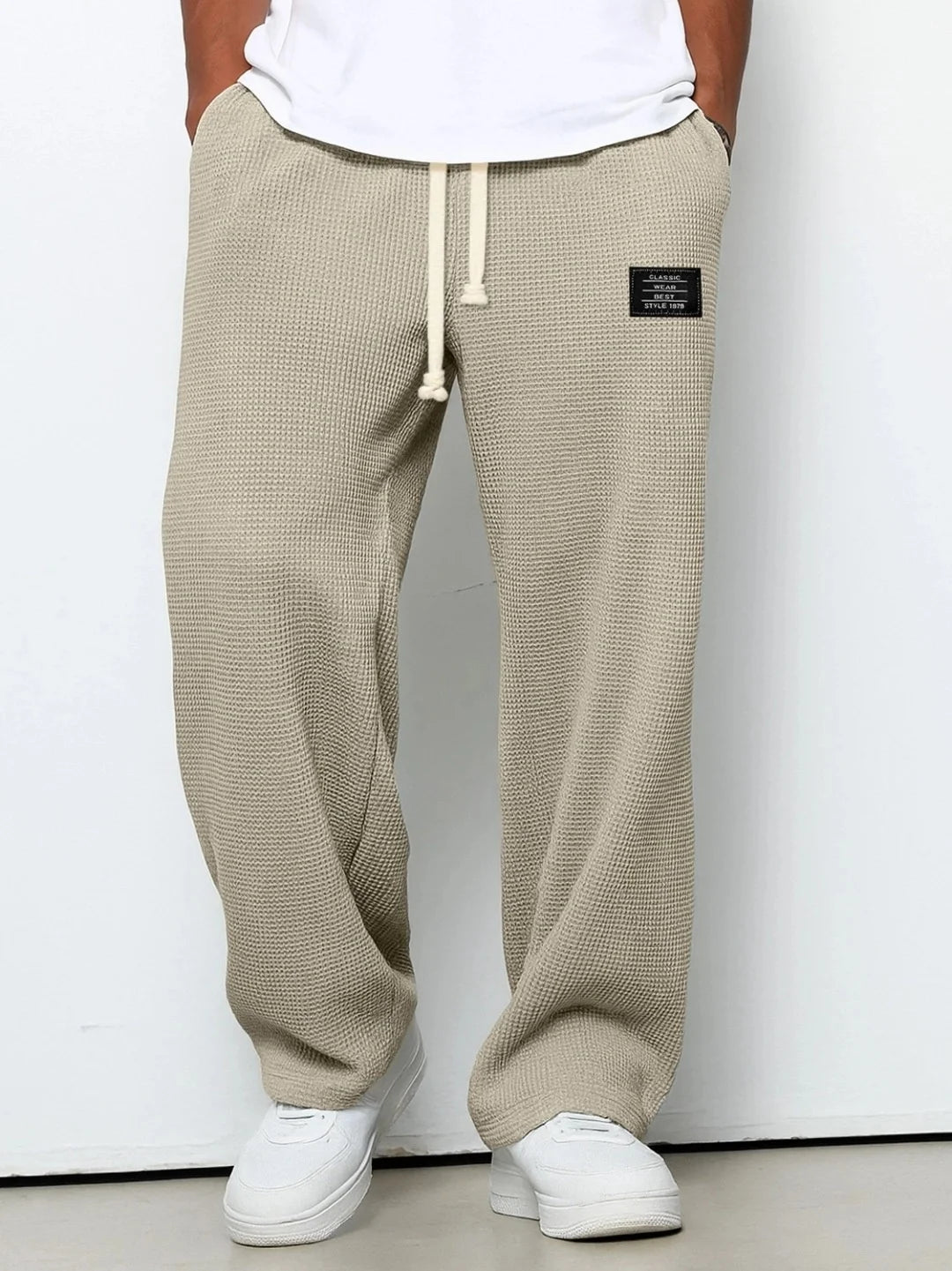 Men's spring-summer trendy brand loose-fitting stretchy straight-leg sweatpants. Waffle fabric. Micro-bouncy sporty casual pants