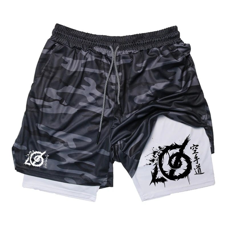 Karate Graphic 2 in 1 Workout Running Shorts for Men Gym Athletic Sport with Compression Liner Phone Pocket Towel Loop